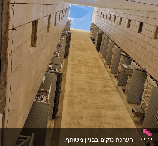 מבט למעלה בין שני בניינים עם שמיים כחולים